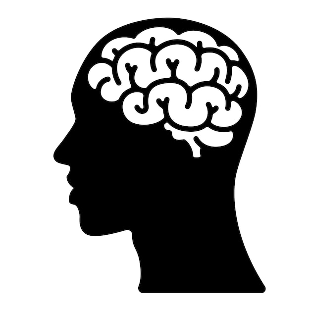 Vector icono del cerebro en la cabeza humana, diseño simple, gráfico negro sobre fondo blanco.