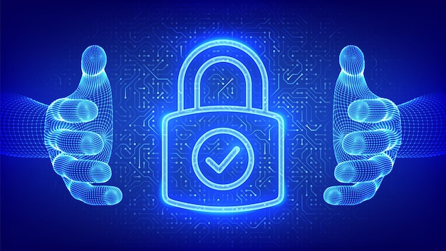 Icono de cerradura Ciberseguridad Protección de datos Cerradura con icono de marca de comprobación en las manos del marco de alambre Seguridad de la red Idea de privacidad de la información Patrón de placa de circuitos PCB textura de circuitos impresos Vector
