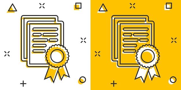 Icono de certificado de dibujos animados vectoriales en estilo cómico Pictograma de ilustración de signo de diploma Concepto de efecto de salpicadura de negocio de documento de certificado