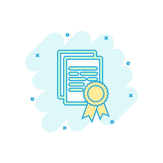 Icono de certificado de dibujos animados vectoriales en estilo cómico Pictograma de ilustración de signo de diploma Concepto de efecto de salpicadura de negocio de documento de certificado