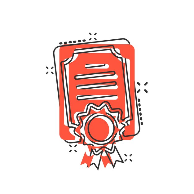 Icono de certificado en estilo cómico Ilustración de dibujos animados de vector de insignia de licencia sobre fondo blanco aislado Concepto de negocio de efecto de salpicadura de medalla ganadora