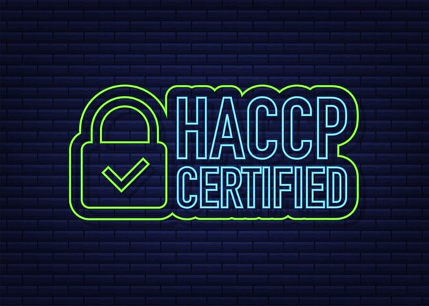 Icono certificado HACCP sobre fondo oscuro. Icono de neón. Ilustración de stock vectorial.