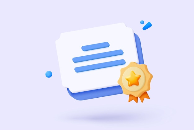Icono de certificado o diploma en 3D con medalla y lazo de cinta Administración de tareas en el portapapel blanco Lista de comprobación de todo en el preescolar Premio en el concepto del plan de proyecto Icono de graduación en 3D Ilustración de renderización vectorial