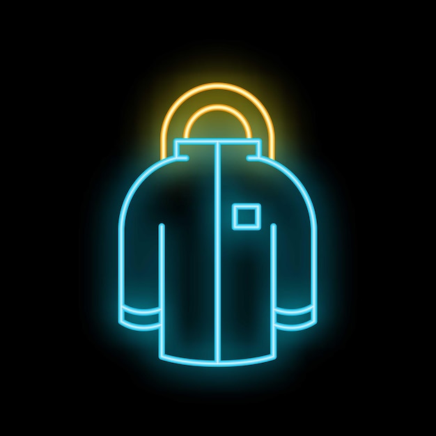 Ícono de chaqueta de invierno de línea de neón brillante aislado en fondo negro Ilustración vectorial
