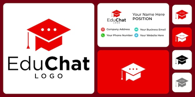 Icono de chat y diseño de logotipo de sombrero académico con plantilla de tarjeta de visita