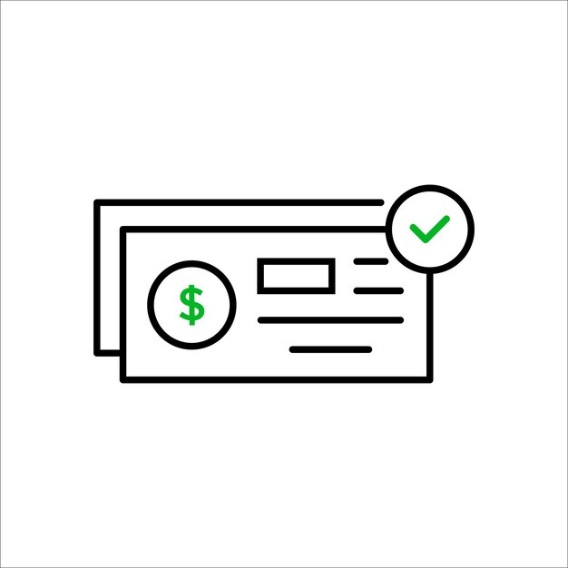 Icono de cheque bancario lineal como diseño gráfico de logotipo de tendencia de estilo de contorno plano de pago aislado en el concepto de fondo blanco de plantilla de chequera bancaria abstracta o chequera y transferencias financieras