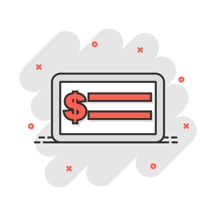 Vector icono de cheque de dinero de dibujos animados en estilo cómico pictograma de ilustración de chequera bancaria concepto de negocio de bienvenida de signo de chequera
