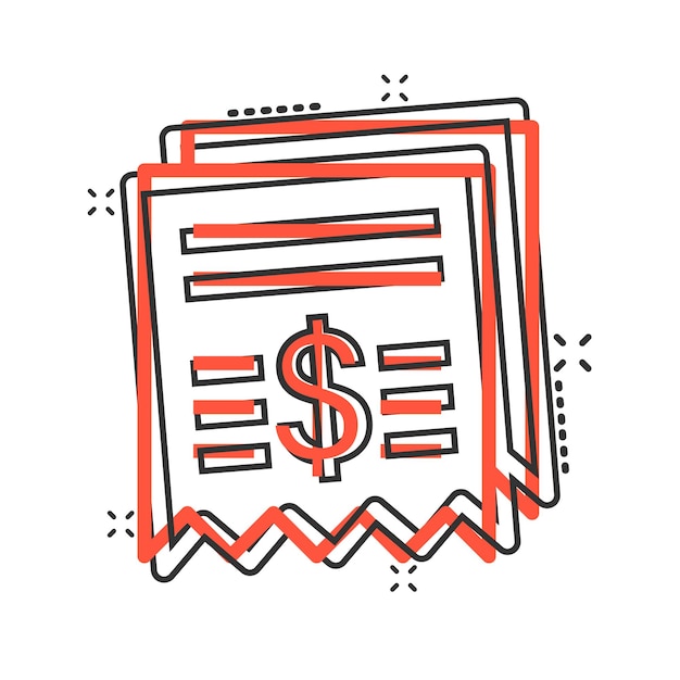 Icono de cheque de dinero en estilo cómic Ilustración de vector de dibujos animados de chequera sobre fondo blanco aislado Concepto de negocio de efecto de salpicadura de vale de finanzas