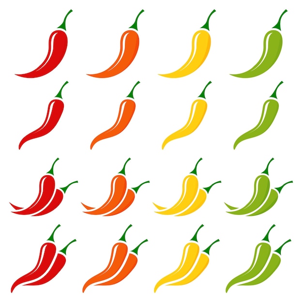 Icono de chile rojo, naranja, amarillo y verde aislado sobre fondo blanco