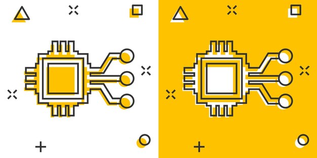 Icono de chip de computadora en estilo cómic Ilustración de vector de dibujos animados de placa de circuito sobre fondo blanco aislado Concepto de negocio de efecto de salpicadura de procesador de Cpu