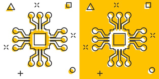 Icono de chip de computadora en estilo cómic Ilustración de vector de dibujos animados de placa de circuito sobre fondo blanco aislado Concepto de negocio de efecto de salpicadura de procesador de Cpu