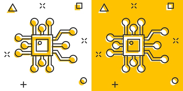Icono de chip de computadora en estilo cómic ilustración de vector de dibujos animados de placa de circuito sobre fondo blanco aislado concepto de negocio de efecto de salpicadura de procesador de cpu