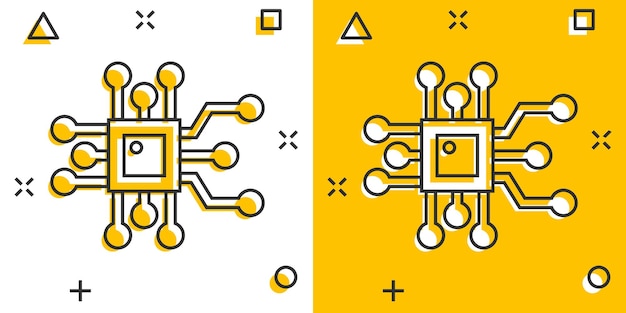 Icono de chip de computadora en estilo cómic Ilustración de vector de dibujos animados de placa de circuito sobre fondo blanco aislado Concepto de negocio de efecto de salpicadura de procesador de Cpu