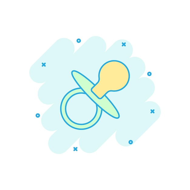 Icono de chupete de bebé de dibujos animados de vector en estilo cómic Pictograma de ilustración de signo de pezón de juguete infantil Concepto de efecto de salpicadura de negocio de chupete