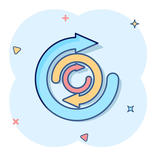 Icono de ciclo de flecha en estilo cómico Recycle ilustración vectorial de dibujos animados ecológicos en fondo blanco aislado Concepto de negocio de efecto salpicaduras de equilibrio
