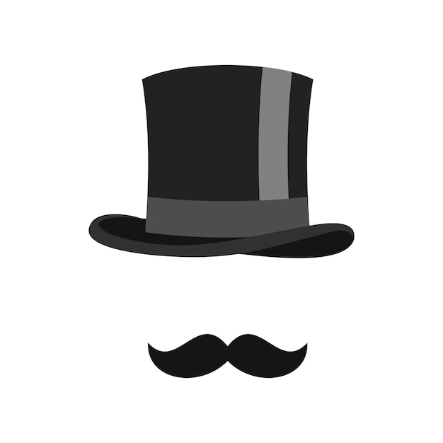 Icono de cilindro y bigote en estilo plano aislado en fondo blanco Ilustración vectorial del símbolo del sombrero