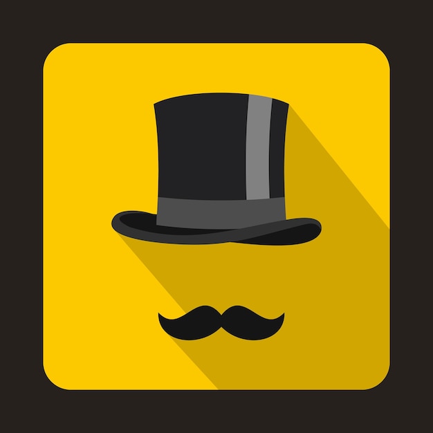 Vector icono de cilindro y bigote negro masculino en estilo plano sobre un fondo amarillo
