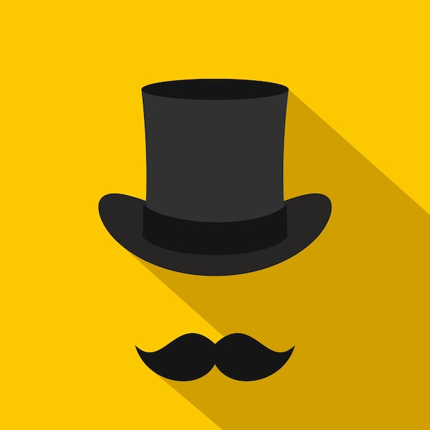 Vector icono de cilindro y bigote negro masculino en estilo plano sobre un fondo amarillo