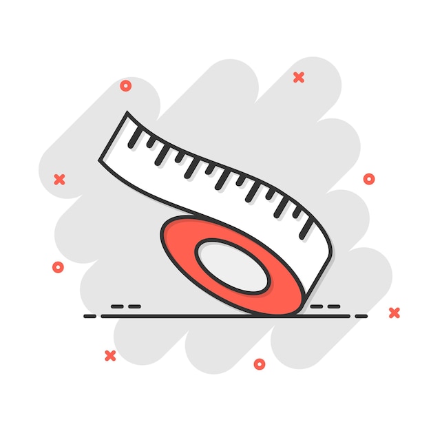 Icono de cinta métrica en estilo cómic Ilustración de vector de signo de dibujos animados de regla sobre fondo blanco aislado Concepto de negocio de efecto de salpicadura de medidor