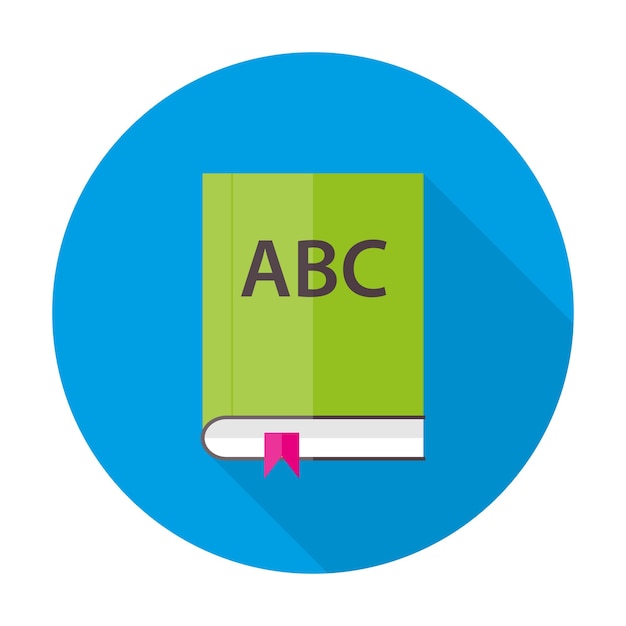 Icono circular de vector de estilo plano con sombra. icono de círculo plano de libro de abc inglés