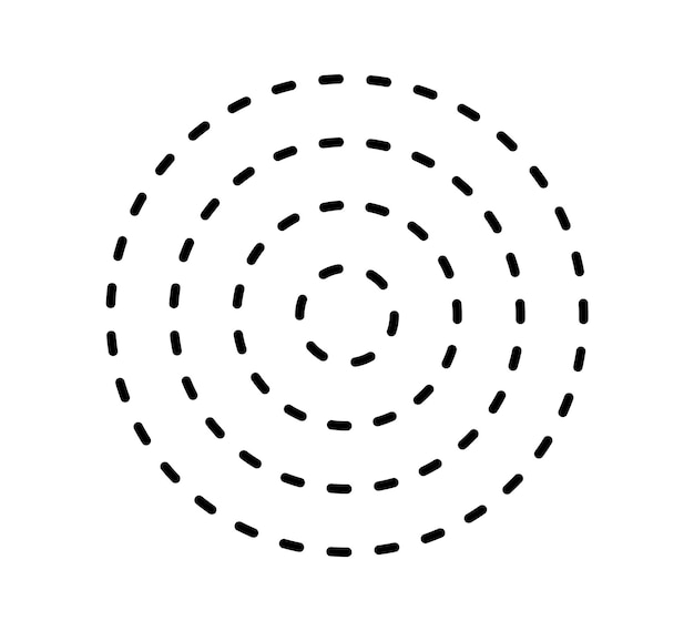 Vector icono de círculo concéntrico rayado anillos circulares rotos en blanco y negro objetivo de radar de ondas sonoras líneas redondas punteadas ilustración vectorial monocromática abstracta aislada sobre fondo blanco