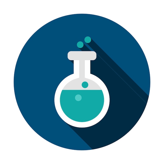 Icono de círculo de matraz químico. Ilustración de vector con larga sombra. Artículo de medicina.