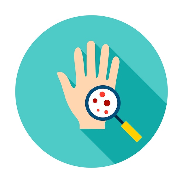 Icono de círculo de microbios de mano. Ilustración de vector con larga sombra. Artículo médico.