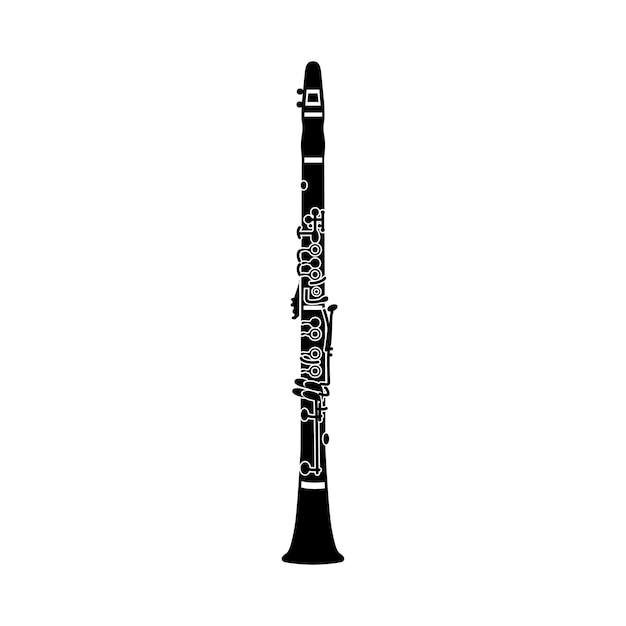 Icono de clarinete en estilo simple negro aislado sobre fondo blanco.