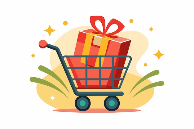 Vector un icono clásico del carrito de compras rediseñado con una caja de regalos que surge para simbolizar las compras y las sorpresas