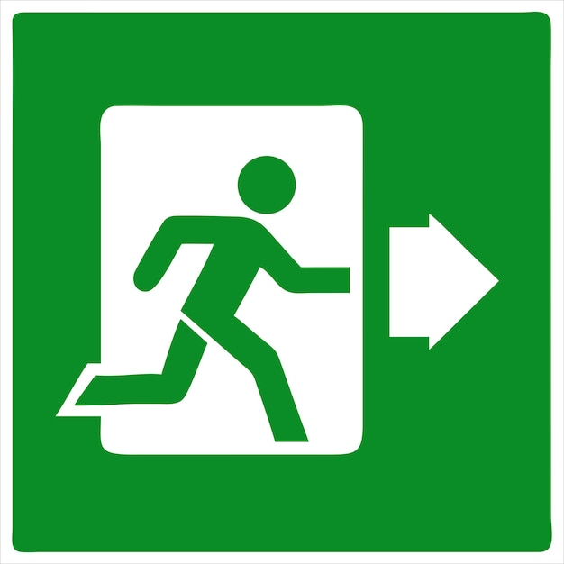 Icono clásico de la señal de salida de emergencia con fondo verde y figura blanca corriendo