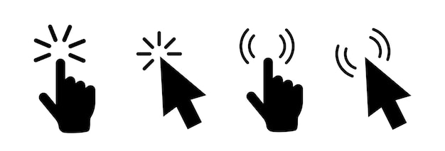 Ícono de clic con la mano del cursor Icono de clic en el cursor o en el icono del puntero Íconos de flecha establecidos y iconos de carga Iconos de clic del cursor del ratón Ilustración vectorial