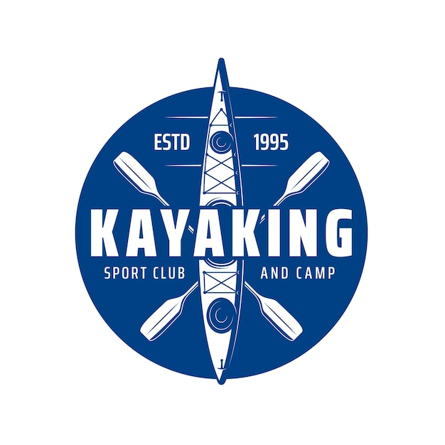 Icono del club deportivo de kayak con remo en bote de kayak o canoa, vector. club y campamento de kayak, rafting en río o lago y mar, actividad deportiva y aventura extrema, emblema azul