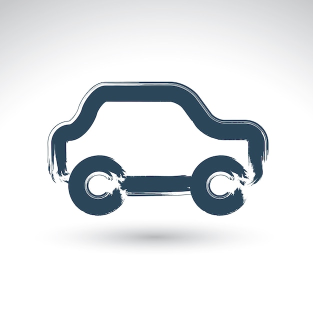 Icono de coche azul dibujado a mano, dibujo ilustrado con pincel de automóvil de pasajeros, automóvil pintado a mano aislado sobre fondo blanco, icono de transporte.