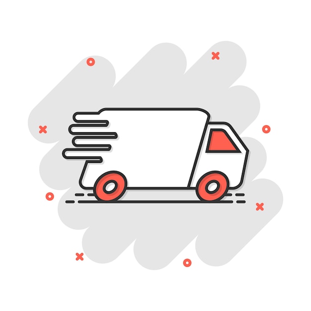 Icono de coche de camión de dibujos animados de vector en estilo cómico Servicio de entrega rápida signo de envío ilustración pictograma Concepto de efecto de salpicadura de negocio de furgoneta de coche
