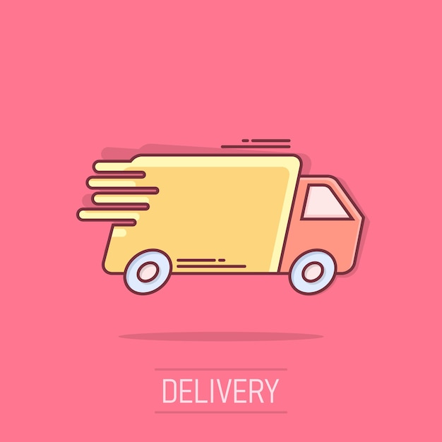 Icono de coche de camión de dibujos animados de vector en estilo cómico Servicio de entrega rápida signo de envío ilustración pictograma Concepto de efecto de salpicadura de negocio de furgoneta de coche