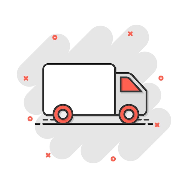 Icono de coche de camión de dibujos animados de vector en estilo cómico Servicio de entrega rápida signo de envío ilustración pictograma Concepto de efecto de salpicadura de negocio de furgoneta de coche