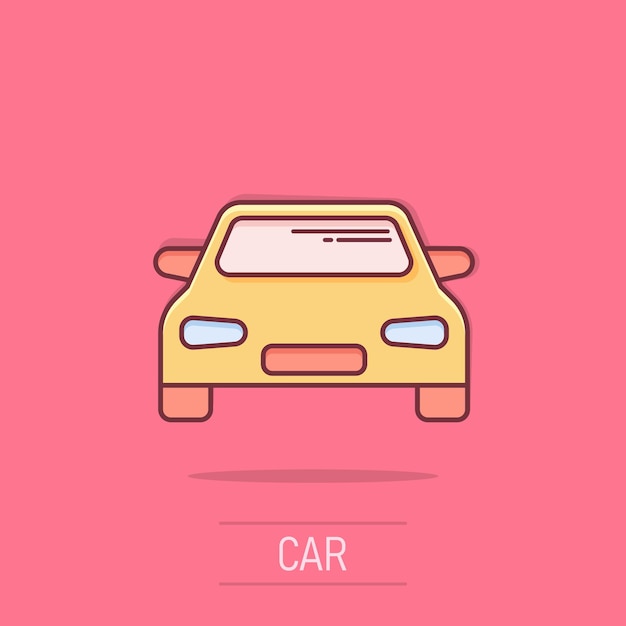 Icono de coche de dibujos animados de vector en estilo cómic Pictograma de ilustración de vehículo de automóvil Concepto de efecto de salpicadura de sedán de coche