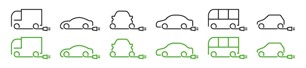 Icono de coche eléctrico Coche eléctrico con cable de carga Colección de coches ecológicos Ilustración vectorial