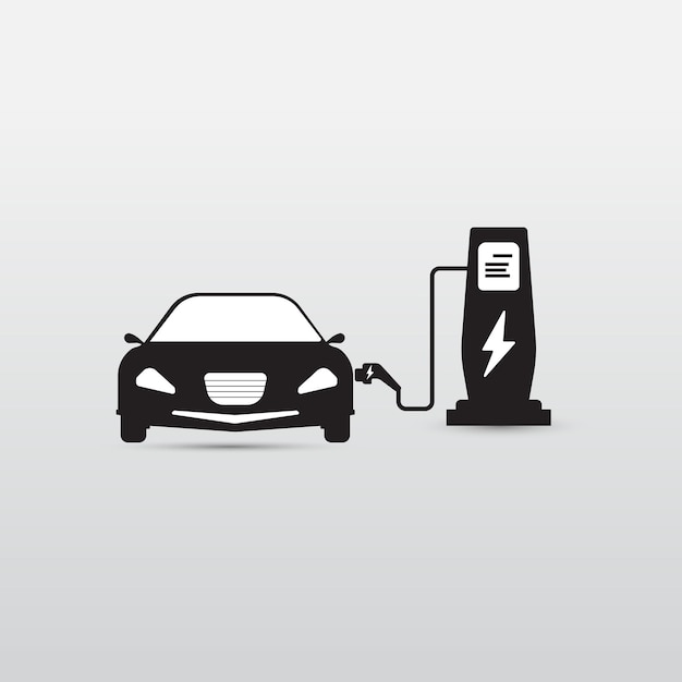 Icono de coche eléctrico y estación de carga en una ilustración vectorial de estilo moderno y sencillo