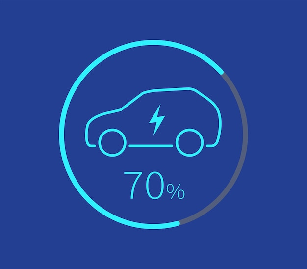 Icono de coche eléctrico Proceso de carga de batería 70 por ciento concepto de cuidado del medio ambiente Energía verde Ilustración vectorial