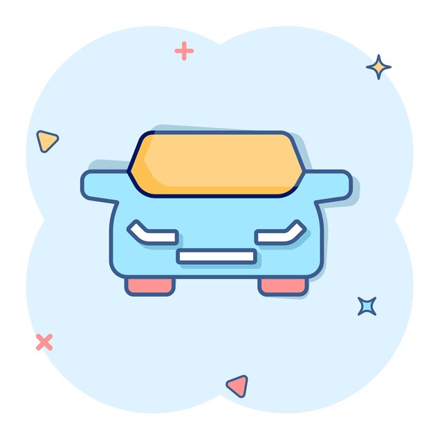 Icono de coche en estilo cómic Ilustración de vector de dibujos animados de vehículo de automóvil sobre fondo blanco aislado Concepto de negocio de efecto de salpicadura de sedán