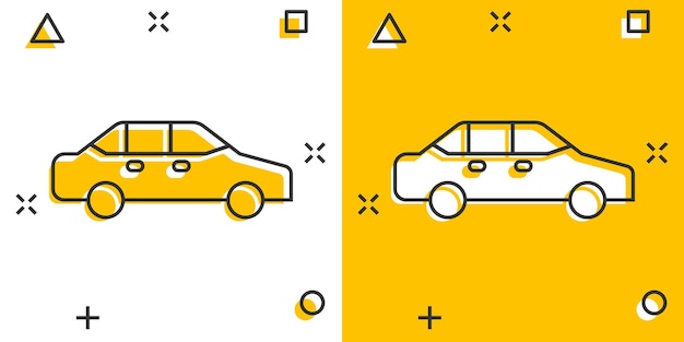 Icono de coche en estilo cómic ilustración de vector de dibujos animados de vehículo de automóvil sobre fondo blanco aislado concepto de negocio de efecto de salpicadura de sedán