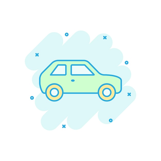Icono de coche en estilo cómic Pictograma de ilustración de dibujos animados de vector de coche de automóvil Efecto de salpicadura de concepto de negocio automático