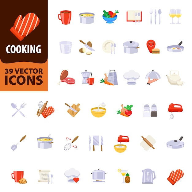 Icono de cocina Conjunto de iconos de cocina Estilo plano