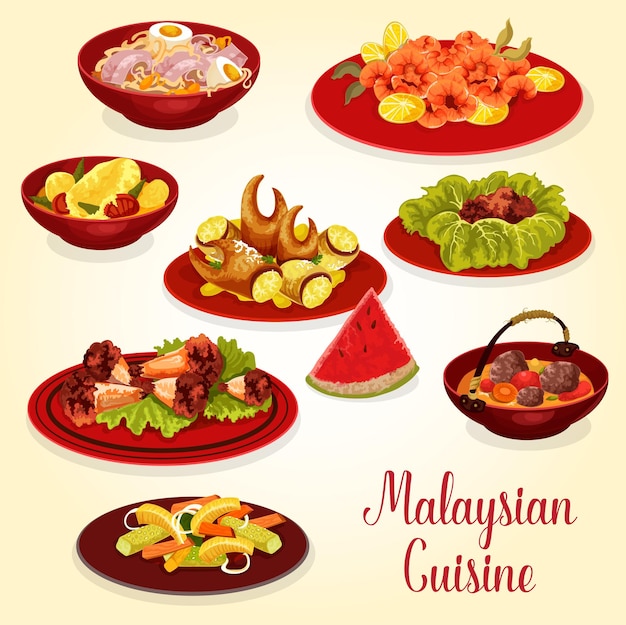 Vector Ícono de la cocina malaya de platos de carne y mariscos