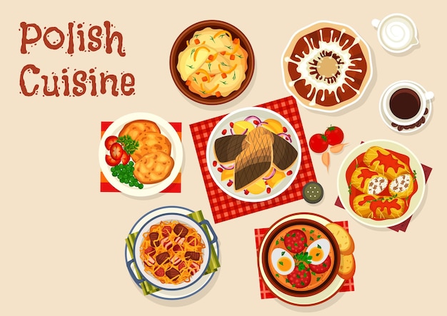 Icono de la cocina polaca con plato de carne y verduras