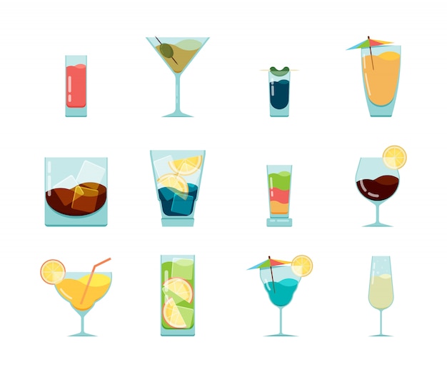 Icono de cócteles Bebidas alcohólicas de fiesta de verano en vasos colección de iconos de mojito de vodka cosmopolita de cuba libre