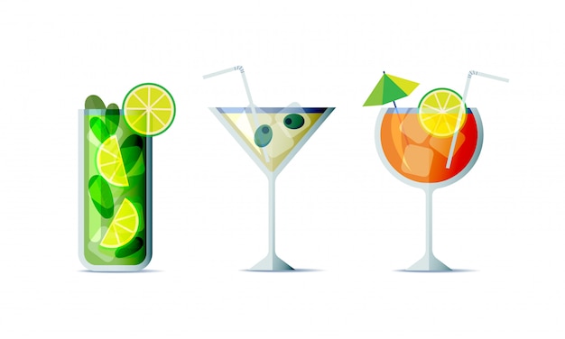 Icono de cócteles en estilo moderno diseño plano. Tres bebidas alcohólicas populares para el menú de diseño