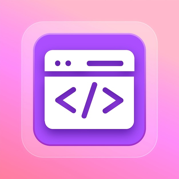 Icono de codificación de efecto de vidrio púrpura pulido con fondo editable
