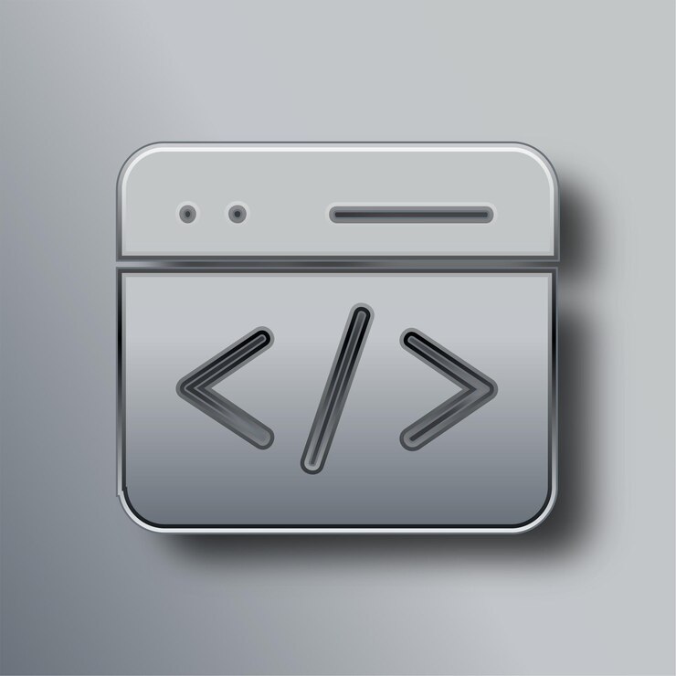 Vector icono de codificación de metal plateado elegante con fondo gris
